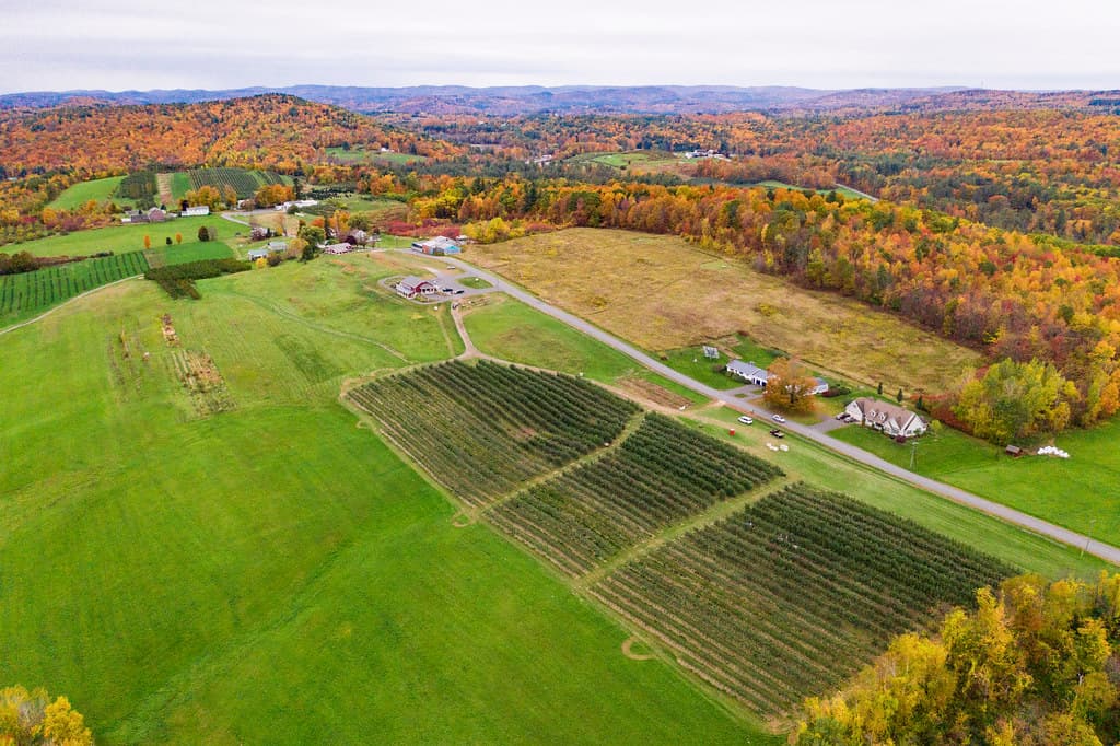Aerial view of apple orchards, pasture and a farm barn in fall color